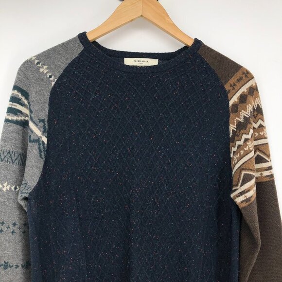 Fairwhale Navy Speckled crewneck sweater contrast stripe  grey brown sleeves Med - Picture 3 of 12